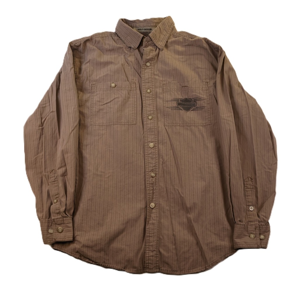Harley-Davidson Mens Small Button Up Shirt Brown Pinstripe Embroidered